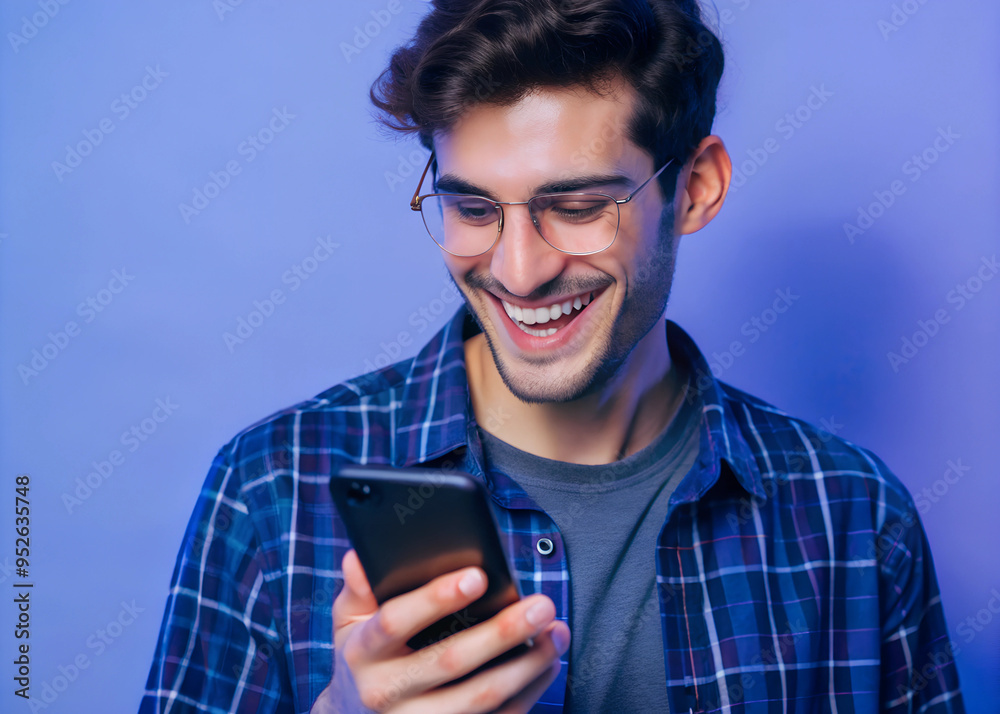 smiling young man in glasses and blue checkered shirt holding phone in hand isolated on blue background smiling young man in glasses and blue checkered shirt holding phone in hand isolated on blue background