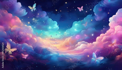 A celestial sky full of shimmering, ethereal, fluffy clouds with a mist. Vibrant, vivid blues, purples, and pinks, accompanied by a plethora of fairies fluttering gleefully with their wings photo