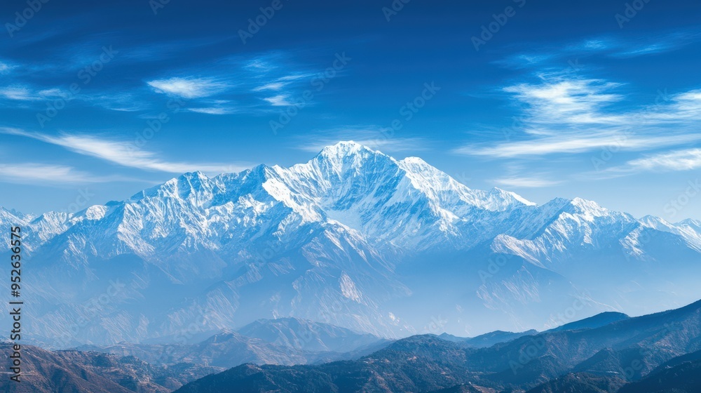 Obraz premium Majestic snow-capped mountain peak under a clear blue sky, offering breathtaking panoramic views of nature and tranquility.