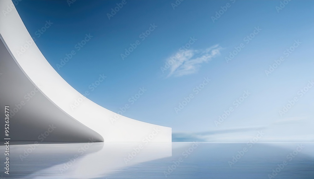 modern architectural scene with a simple curved wall on the right, creating sharp lines and geometric shapes in white against a blue sky background. modern architectural scene with a simple curved wall on the right, creating sharp lines and geometric shapes in white against a blue sky background.
