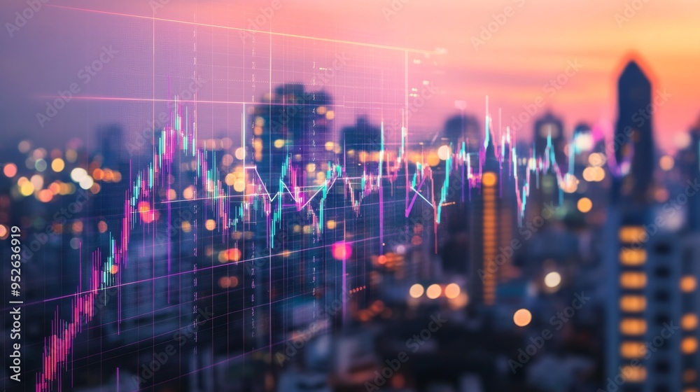 custom made wallpaper toronto digitalCity skyline at dusk with an overlay of a transparent graph showing real estate market growth. The graph is glowing with neon colors.