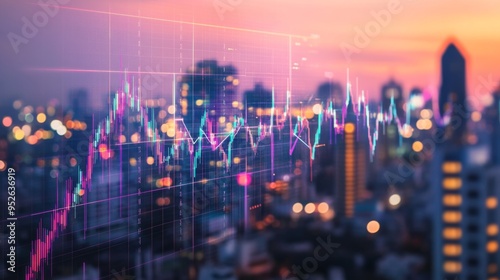 Wallpaper Mural City skyline at dusk with an overlay of a transparent graph showing real estate market growth. The graph is glowing with neon colors. Torontodigital.ca