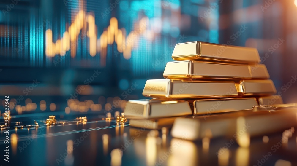 Futuristic gold bars stacked on a financial graph background, symbolizing wealth, investment, and economic growth.