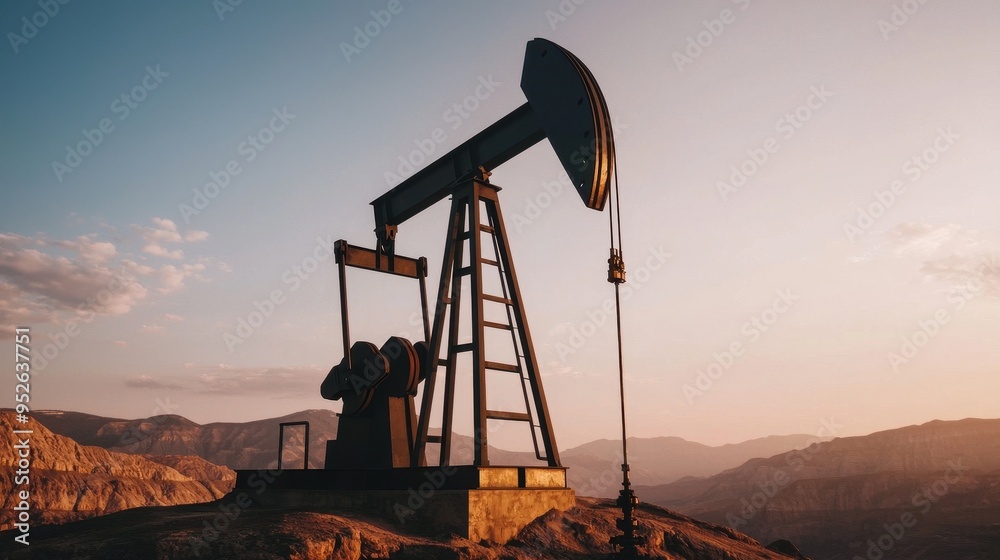 A silhouetted oil pump jack stands against a stunning sunset, symbolizing energy production in a rugged landscape. A silhouetted oil pump jack stands against a stunning sunset, symbolizing energy production in a rugged landscape.