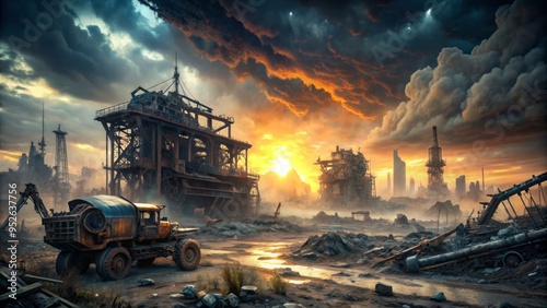 A desolate, post-apocalyptic landscape features a massive, ruined machine looming in the background, surrounded by twisted metal debris and a faint, ominous glow. photo