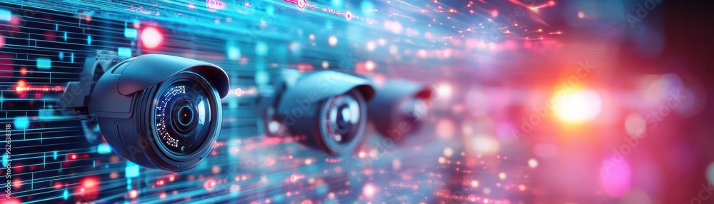Close-up view of modern security cameras with vibrant digital effects, showcasing advanced technology in surveillance. Close-up view of modern security cameras with vibrant digital effects, showcasing advanced technology in surveillance.