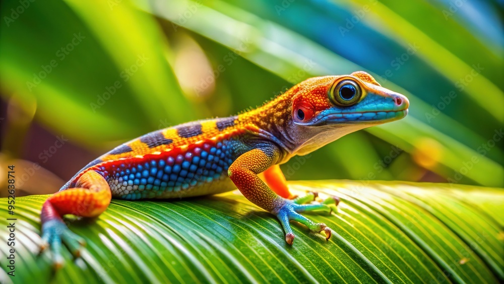 Fototapeta premium A gecko with vibrant, multi-colored markings on its body and tail sits on a leaf against a sunny tropical background.