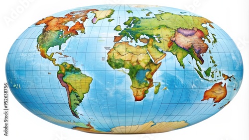A flat, compact globe map displayed on a white background, highlighting continents, oceans, and countries, with subtle shading and grid lines for navigation.