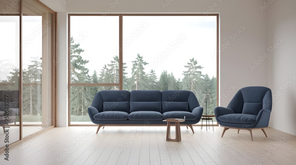 A modern living room with a Scandinavian design. There's a blue sofa and a blue chair placed on a light wooden floor. The room has a floor-to-ceiling window with a view of a forest.