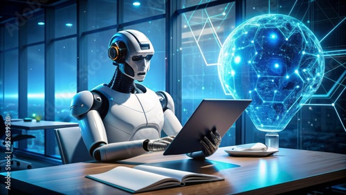 A futuristic robot sitting at a desk with a book and laptop, surrounded by coding papers and brain diagrams, learning artificial intelligence concepts.