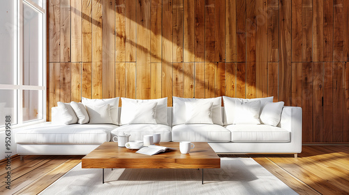 Natural wood coffee table near white corner sofa against wooden paneling wall. Minimalist interior design of modern living room