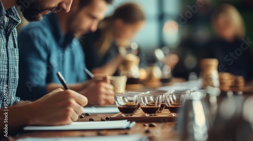 Coffee tasting session, professional cupping setup, people taking notes, neutral background, focus on expressions and gestures