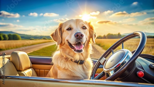 A happy golden retriever sits behind the steering wheel, paws grasping the wheel, as if driving a vintage convertible on a sunny day. photo