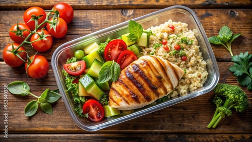 A healthy meal prep box filled with grilled chicken, quinoa, and mixed vegetables, garnished with fresh herbs, on a modern wooden kitchen countertop. photo