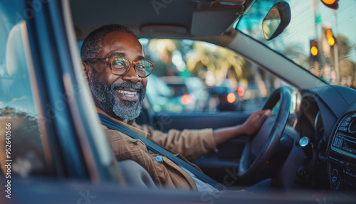 A black Uber taxi driver smiles benevolently while sitting in the car. photo