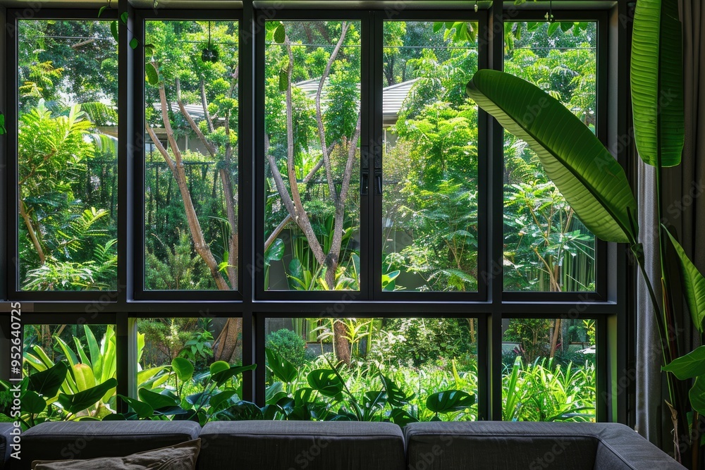 Serene Garden View Through Large Window - Promoting Mental Well-Being and Stress Reduction in Workspace Serene Garden View Through Large Window - Promoting Mental Well-Being and Stress Reduction in Workspace