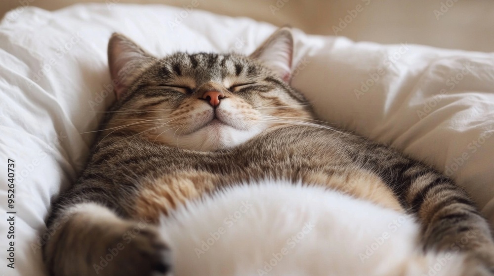 Close-up of a chubby cat peacefully sleeping on a cozy bed, with its round belly and soft fur clearly visible, against a soft, neutral background.