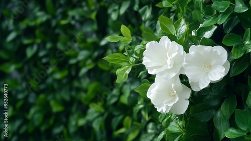 Three delicate white flowers blossom on a vibrant green bush, symbolizing purity, growth, nature, and new beginnings.