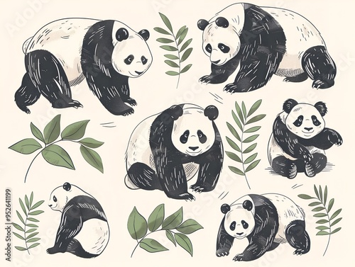 Set of various panda illustration on white. AI generated