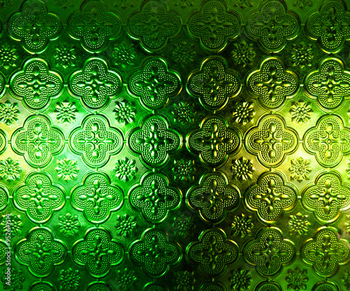 Wallpaper Mural Background of light reflected from behind green opaque glass with delicate etched floral design pattern. Frosted window pane surface with back lit. Close up. Torontodigital.ca