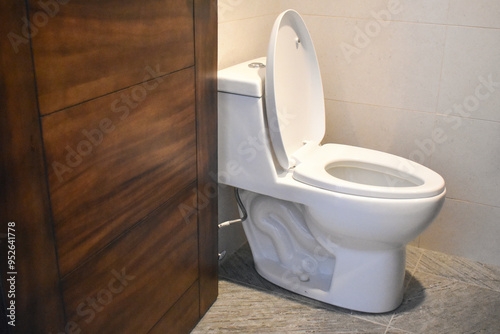 Toilet with lid in home bathroom photo