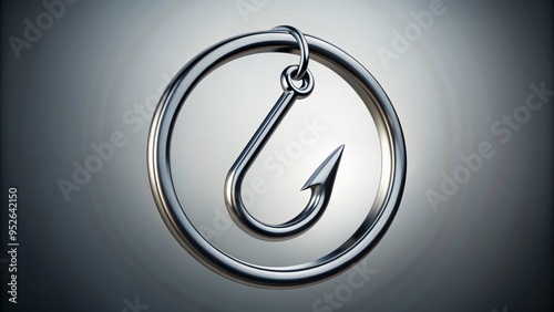 A modern, minimalist design featuring a metallic fishhook with a circular logo at its center, symbolizing catchy branding and effective marketing strategies. photo