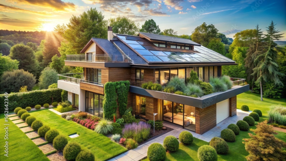 View of A modern eco-friendly home with solar panels, a green roof, and energy ...