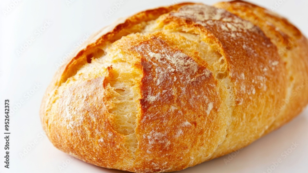 Close-up of a freshly baked loaf of bread with a golden crust, placed on a clean white background, highlighting its texture and rustic appearance. Close-up of a freshly baked loaf of bread with a golden crust, placed on a clean white background, highlighting its texture and rustic appearance.