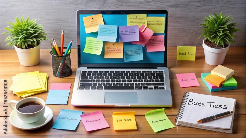 A neatly organized office desk with a laptop, notebook, and cup of coffee, surrounded by colorful sticky notes with business tips and ideas scribbled on them. A neatly organized office desk with a laptop, notebook, and cup of coffee, surrounded by colorful sticky notes with business tips and ideas scribbled on them.