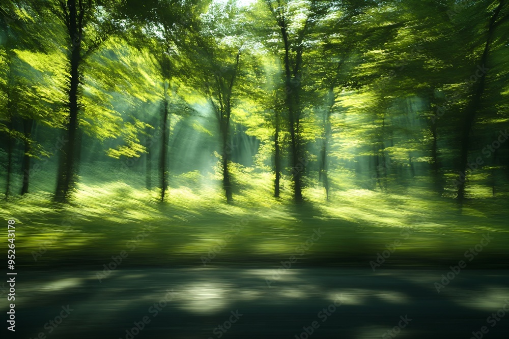 Obraz premium Sunlight streaming through lush green forest. Nature's tranquility visualization. Woodland serenity concept. Design for environmental appreciation and forest conservation awareness.