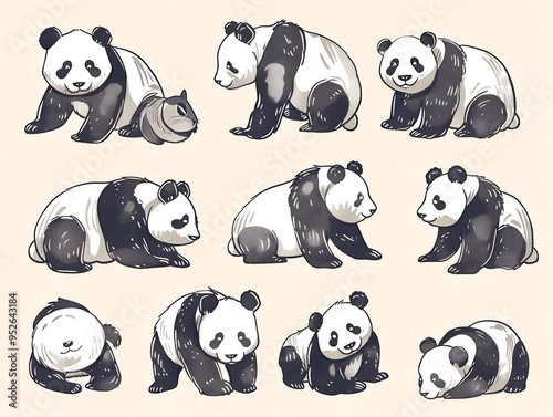 Set of various panda illustration on white. AI generated