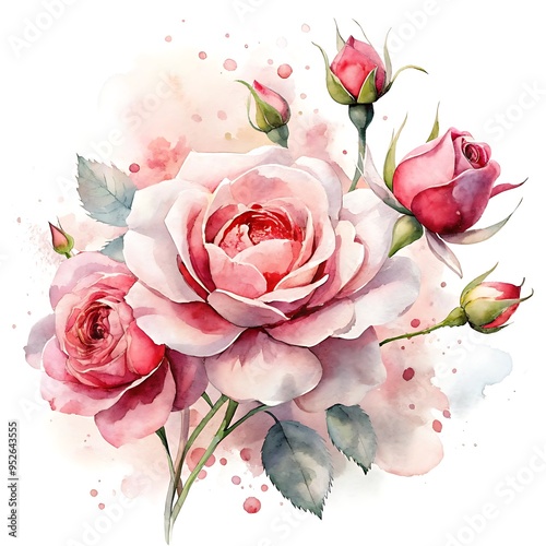 Vintage Watercolor Roses on a Clean White Backdrop