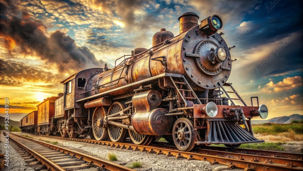 Fototapeta premium A powerful locomotive, with rusty wheels and vintage charm, chugs forward on a worn rail track, symbolizing progress and industrial heritage.