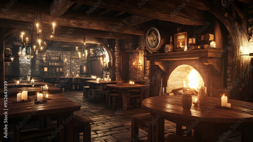 Warm medieval tavern with candle-lit wooden tables and a roaring fireplace Cozy ambiance with rich wood tones and soft flickering light detailed 3D rendering Warm medieval tavern with candle-lit wooden tables and a roaring fireplace Cozy ambiance with rich wood tones and soft flickering light detailed 3D rendering