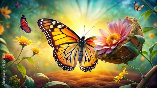 A radiant butterfly emerges from a cracked cocoon, its delicate wings unfolding, symbolizing personal growth, renewal, and breathtaking transformation against a vibrant floral backdrop. photo