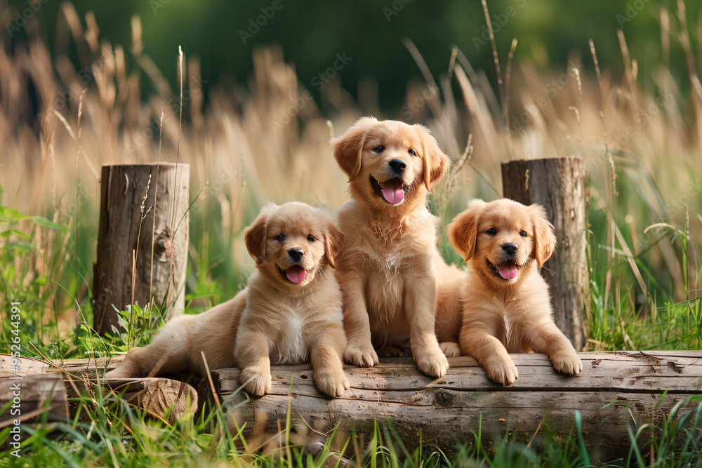three golden retrievers sitting on a log in a field three golden retrievers sitting on a log in a field