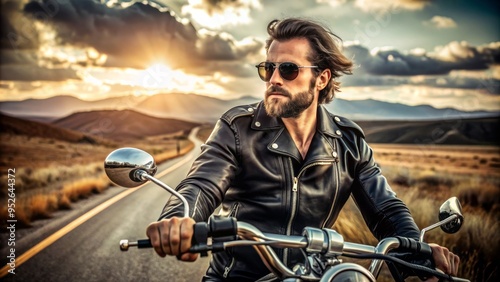 A rugged motorcyclist wears a worn, black leather jacket with-metallic hardware, and shades, exuding freedom and adventure on the open road. photo