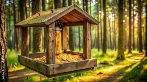 A rustic deer feeder stands amidst a serene forest landscape, filled with sweet corn and grains, attracting wildlife to this tranquil woodland setting.