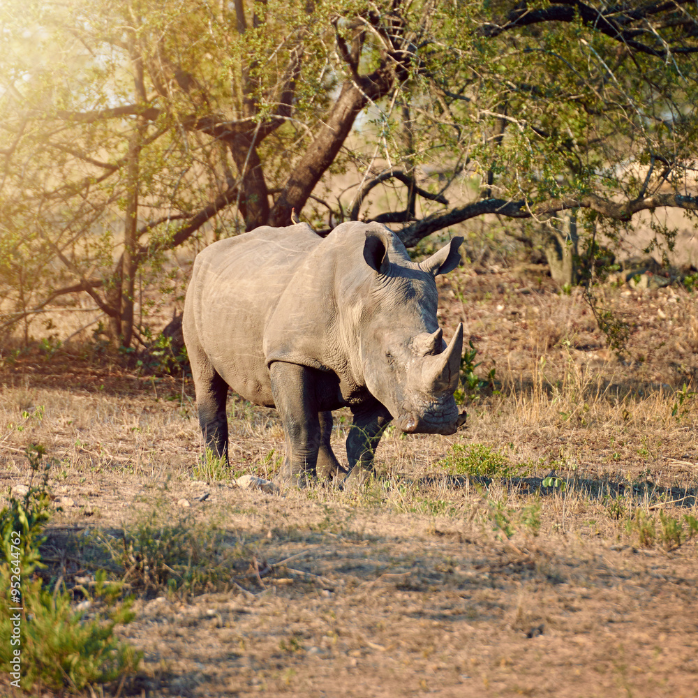 Obraz premium Rhino, conservation and protected in wilderness for survival, poaching prevention and safe environment. Endangered species, ecosystem and animal in nature for awareness in wildlife reserve in Africa