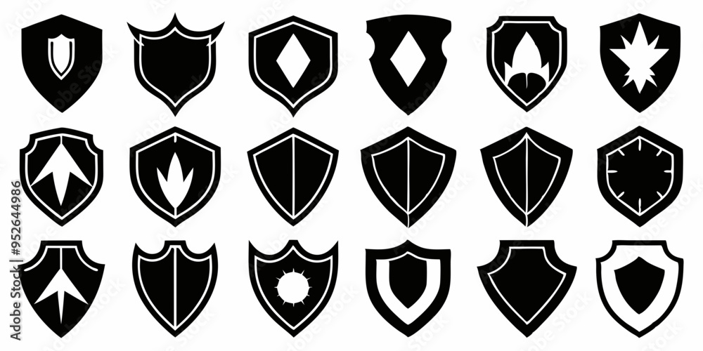 Black and white shield silhouette set on white background Black and white shield silhouette set on white background