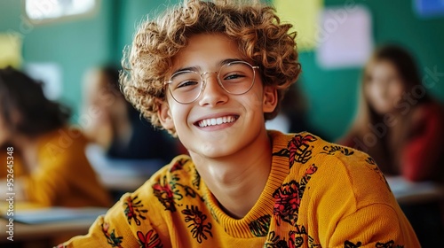 A cheerful student with curly hair and glasses, smiling in a classroom. Bright atmosphere capturing youthful joy and learning.