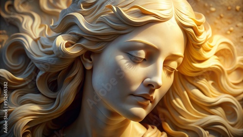 A serene marble sculpture of a woman's face, eyes closed, surrounded by flowing hair, exudes elegance and tranquility in a warm, golden light atmosphere.