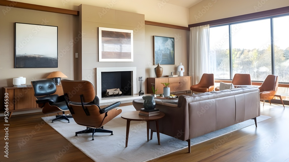 A mid-century modern living room with a brown leather chair, a grey sofa, and a fireplace. The room has a wooden floor, a white rug, and a few decorative items. A mid-century modern living room with a brown leather chair, a grey sofa, and a fireplace. The room has a wooden floor, a white rug, and a few decorative items.