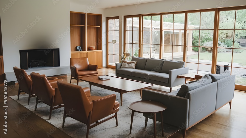 A mid-century modern living room with a grey sofa and brown leather chairs arranged around a fireplace. The room has a wooden floor and features a large window with a view of a garden. A mid-century modern living room with a grey sofa and brown leather chairs arranged around a fireplace. The room has a wooden floor and features a large window with a view of a garden.