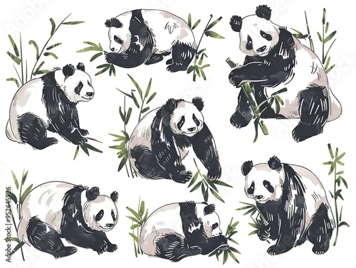 Set of various panda illustration on white. AI generated