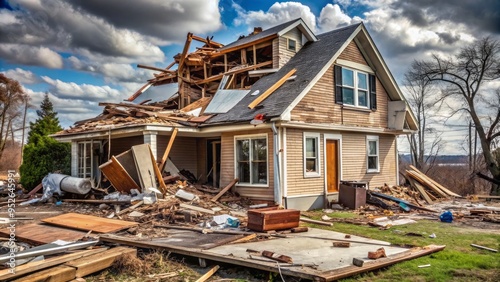 A severely damaged house with a missing roof, broken windows, and debris scattered around, indicating destruction caused by a natural disaster or severe weather.