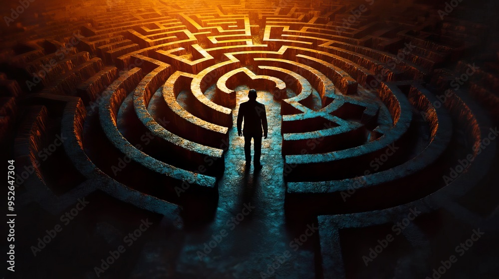 A solitary figure stands in a mysterious labyrinth, evoking feelings of introspection and uncertainty in a surreal landscape. A solitary figure stands in a mysterious labyrinth, evoking feelings of introspection and uncertainty in a surreal landscape.
