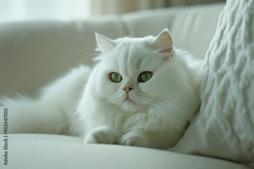 a white cat laying on a couch with its eyes open a white cat laying on a couch with its eyes open