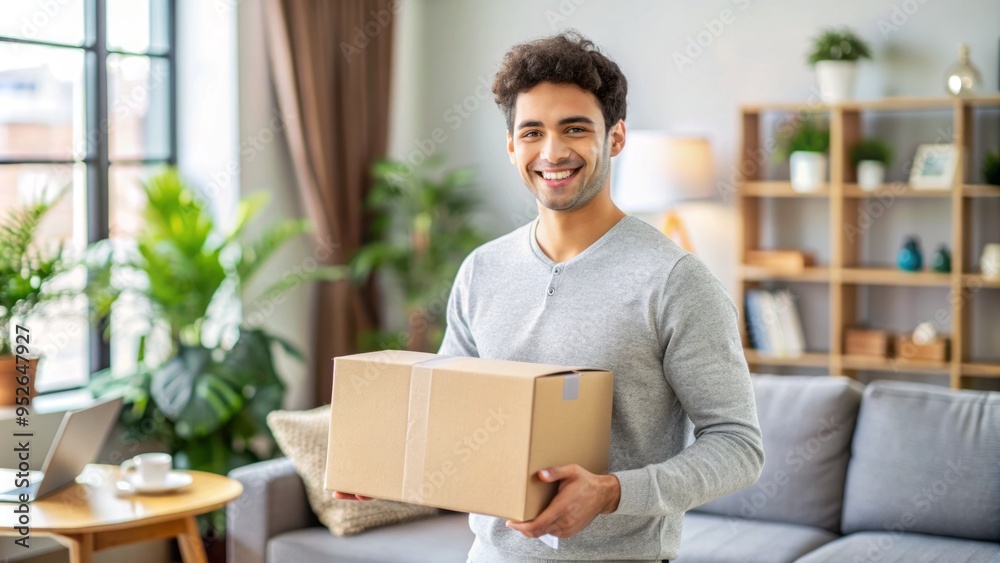 A smiling young adult holds a cardboard box with a shipping label, standing in a modern living room with a blurred background.