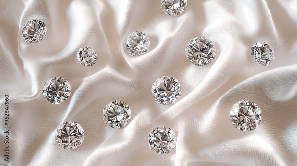Obraz premium Diamond Dreams on Silk: Sparkling diamonds scattered on luxurious cream silk, a captivating image for luxury brands and jewelry designers. 